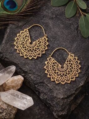 Artisanal 100% Brass Mandala Hoop Earrings Gold Filigree Boho Statement Jewelry